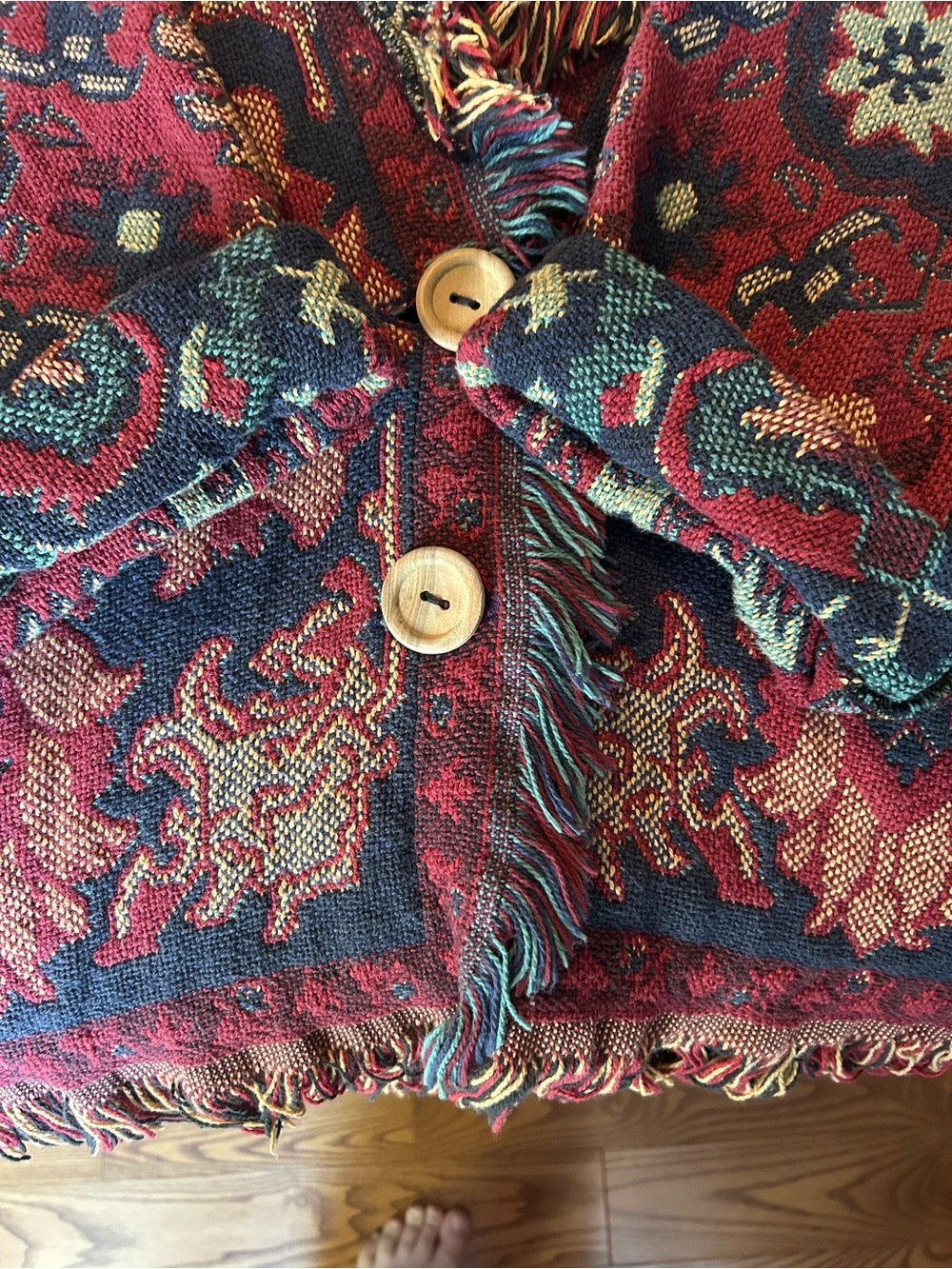 One of a Kind Handmade Women's Red & Navy Tapestry Fringed Cardigan Jacket - Picture 11 of 16